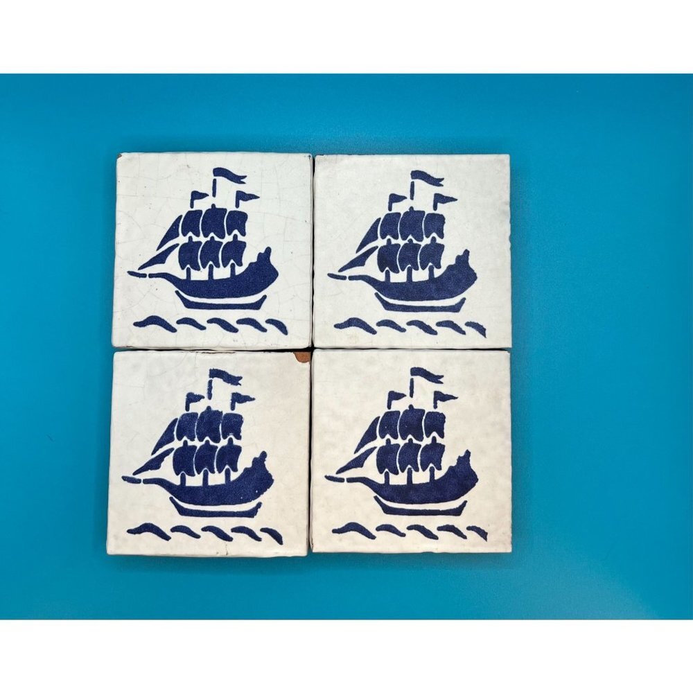 Small tiles Galleon Ship Blue & White 2 3/4 square 23 tiles - Picture 2 of 6